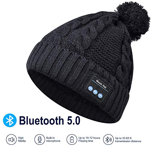 Product Cover Bluetooth Beanie, Bluetooth Hat, Gift for Woman, Pompon Beanie, Built-in HD Stereo Speakers & Microphone as Birthday Christrans Gifts for Woman, Girls Outdoor Sports Running Walking Jogging Black