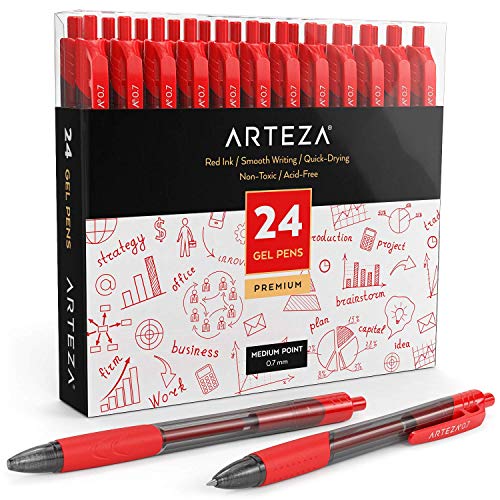 Product Cover Arteza Gel Pens, Set of 24 Red Roller Ball Bullet Journal Pens, Quick-Drying Ink, Fine Point for Writing, Taking Notes & Sketching