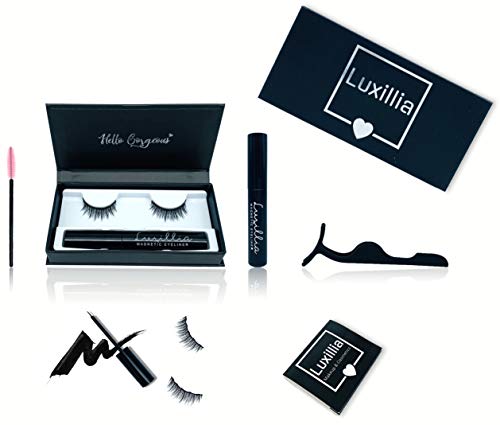 Product Cover Magnetic Eyeliner and Lashes Kit with Tweezers and Brush - Magnetic Eyelashes set with Most Natural Look, Best Quality Eyelash Magnets, Reusable flase lash, Waterproof Black Liquid Eye Liner, No Glue
