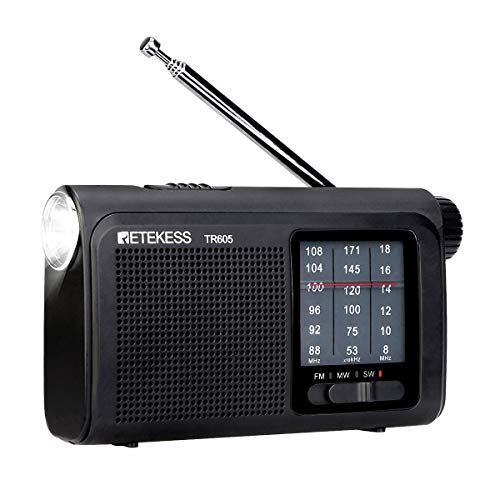 Product Cover Retekess TR605 Portable Radios with Best Reception AM FM SW Battery Operated with LED Emergency Flashlight Rechargeable Battery Earphone Jack (Black)