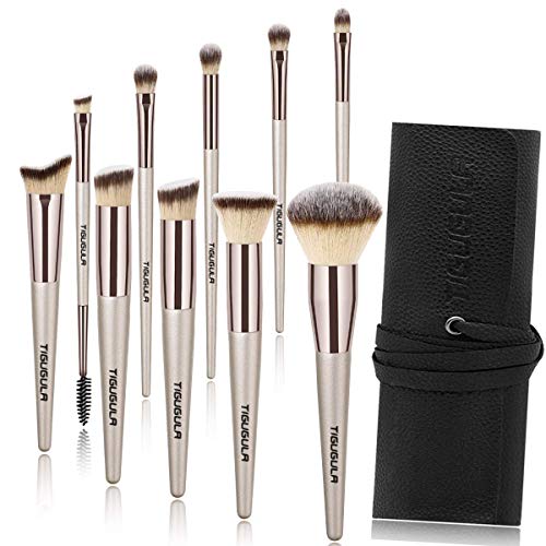 Product Cover Tigugulr Makeup Brushes - 10 Pcs Professional Makeup Brush Set Premium Synthetic Brush Foundation Brush Powder Concealer Lip Face Eyeshadow Makeup Brush Kit Champagne Gold with PU Leather Roll Bag