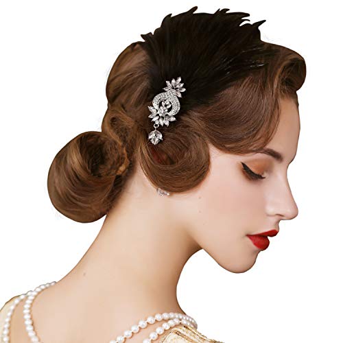Product Cover SWEETV 1920s Feather Headpiece Flapper Headband, Roaring 20s Hair Accessories Great Gatsby Hair Clip Black