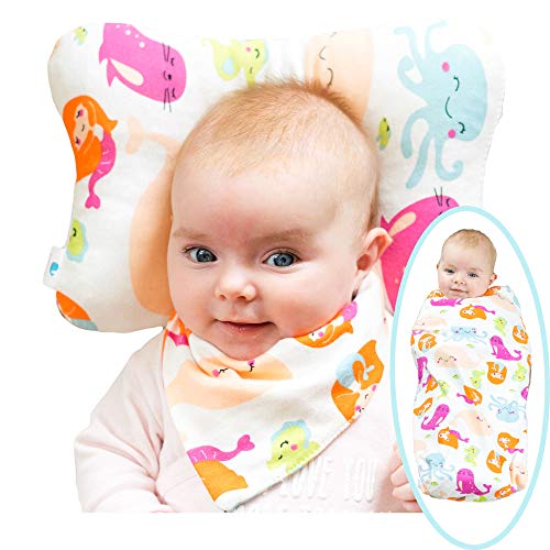 Product Cover Baby Head Pillow for Prevent Flat Head Syndrome-Organic Cotton Receiving Swaddle Blanket,and Bib Set-Newborn Baby Shower Gift Set