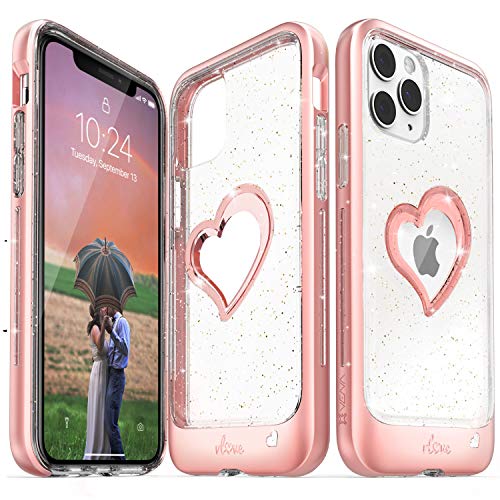 Product Cover Vena iPhone 11 Pro Glitter Case, vLove Glitter Heart Case Slim Dual Layer Protection, Designed for iPhone 11 Pro (5.8 inches) - Rose Gold (PC) and Clear TPU with Glitter