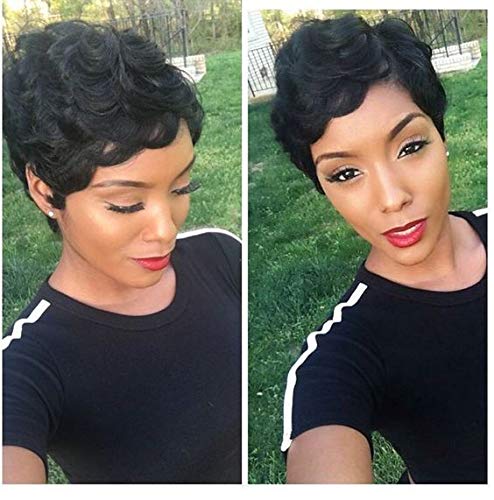 Product Cover HOTKIS Wavy Pixie Cut Wig for Women Short Human Hair Wigs with Bangs Natural Looking Balck Wig