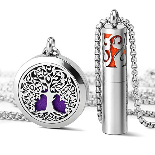 Product Cover Essential Oil Diffuser Necklace 2 Pack, Premium 316L Stainless Steel Aromatherapy Necklace Locket Pendant Jewelry with Adjustable 23.6 Inch & 29.5 Inch Chains