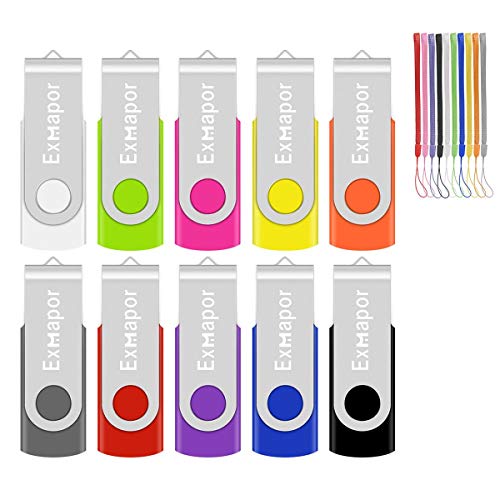 Product Cover USB Flash Drive Bulk 10 Pack, Exmapor 2GB USB Thumb Drive Swivel Metal Shell Memory Stick with LED Indicator Lanyards Mix Colors