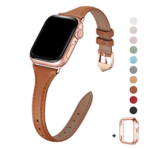 Product Cover WFEAGL Leather Bands Compatible with Apple Watch 38mm 40mm 42mm 44mm, Top Grain Leather Band Slim & Thin Wristband for iWatch Series 5 & Series 4/3/2/1 (Brown Band+Rosegold Adapter, 38mm 40mm)