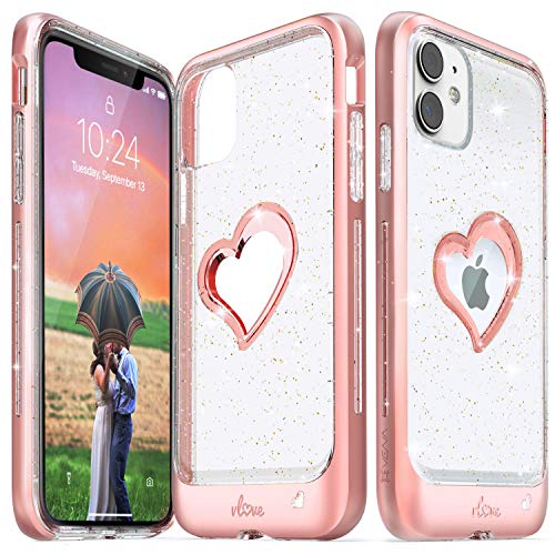 Product Cover Vena iPhone 11 Glitter Case, vLove Glitter Heart Case Slim Dual Layer Protection Designed for iPhone 11 (6.1 inches) - Rose Gold (PC) and Clear TPU with Glitter