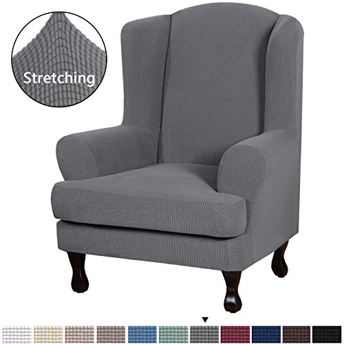 Product Cover H.VERSAILTEX Durable Soft High Stretch Jacquard 2 Piece Wingback Chair Cover Charcoal Gray Couch Covers Lycra Furniture Protector Machine Washable Spandex Sofa Covers, Wing Chair Slipcover
