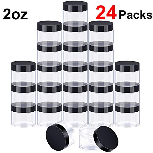 Product Cover 24 Pack Clear Plastic Round Storage Jars Wide-Mouth Plastic Containers Jars with Lids for Storage Liquid and Solid Products (2 OZ)