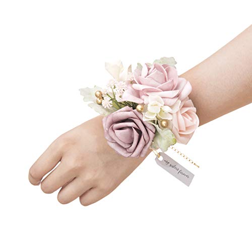Product Cover Ling's moment Dusty Rose Wrist Corsage Bracelet, Set of 6 Vintage Wedding Corsage for Bridesmaid Bridal Shower Wedding Flower Corsage Ribbon Prom