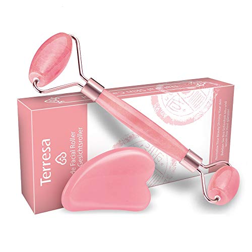 Product Cover Jade Roller for Face, Terresa Rose Quartz Roller with Gua Sha Scraping Tool, Eye Treatment Roller Natural Anti-aging, Skin Tightening, Rejuvenate Face and Neck, Remove Wrinkles & Puffiness (Rose)