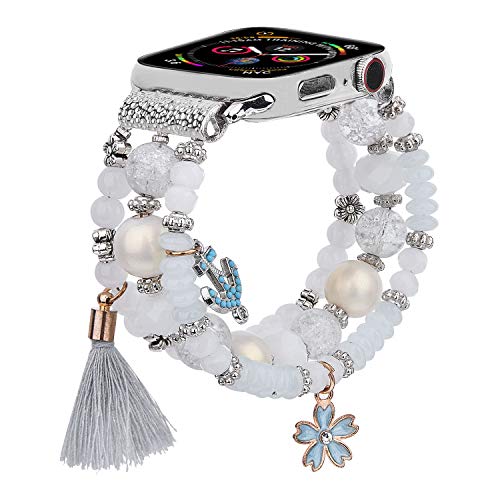 Product Cover CAGOS Bracelet Compatible for Apple Watch Band 44mm/42mm Women Girl, Handmade Fashion Elastic Beaded Strap Compatible for iWatch Series 5/4/3/2/1 (White, 42mm)