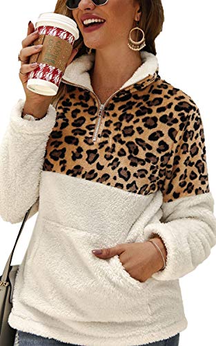 Product Cover Angashion Womens Long Sleeve Half Zip Up Warm Fuzzy Leopard Print Patchwork Fleece Pullover Tops with Pocket for Winter
