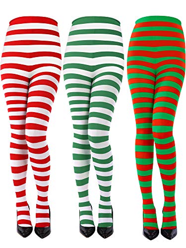 Product Cover 3 Pairs Christmas Striped Tights Full Length Tights Thigh High Stocking for Christmas Halloween Costume Accessory (3 Colors D, Adult Size)