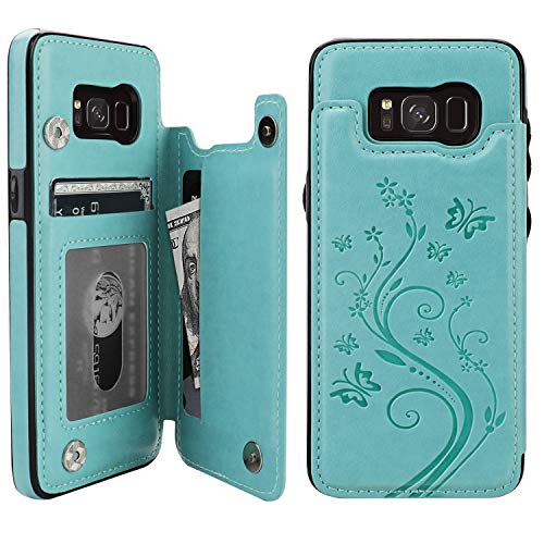 Product Cover Vaburs S8 Case Wallet with Card Holder, Embossed Butterfly Premium PU Leather Double Magnetic Buttons Flip Shockproof Protective Case Cover for Samsung Galaxy S8 (Green)