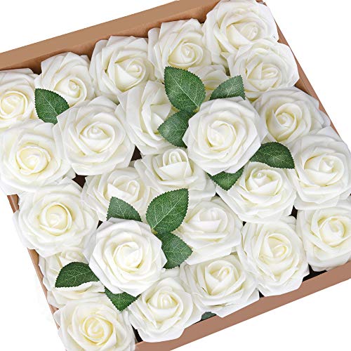 Product Cover Mocoosy 50Pcs Artificial Rose Flowers, Ivory Fake Roses Realistic White Foam Rose Bulk with Stem for DIY Wedding Bouquets Centerpieces Arrangements Bridal Shower Party Home Decorations