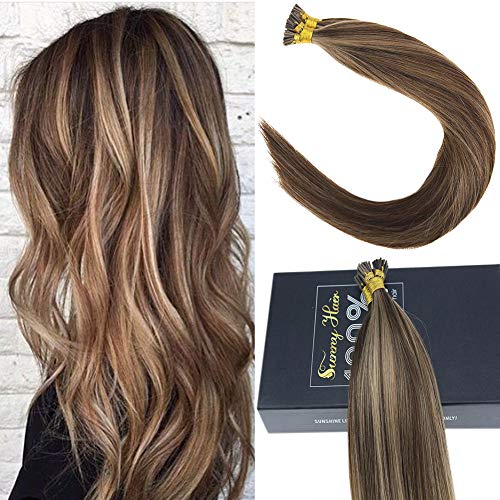 Product Cover Sunny Brazilian I Tip Hair Extensions Human Hair, Dark Brown Highlighted Caramel Blonde Remy Straight Stick Tip Fusion Human Hair Extensions Real Human Hair-20Inch 50gram Per Pack