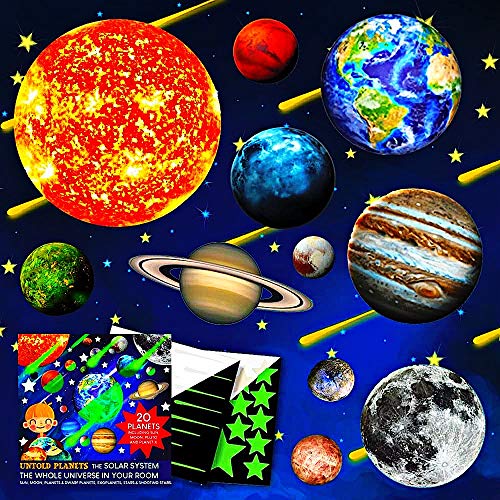 Product Cover Glow in The Dark Planets and Stars, Bright Solar System Wall Stickers, 20 Glowing Planets Dwarf Exoplanets Pluto Moon Sun Earth, 186 Stars 12 Shooting Stars BONUS Santa on the Moon Santa's Face
