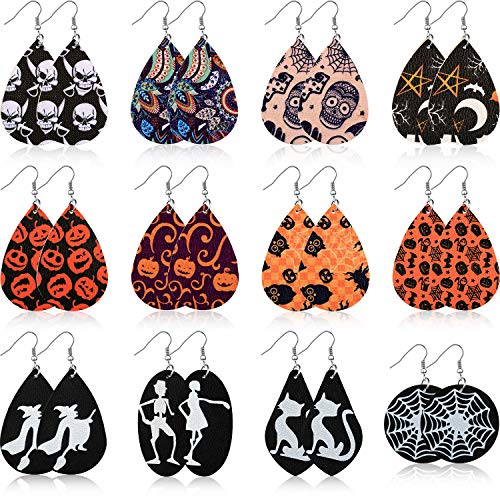 Product Cover 12 Pairs Halloween Earrings Teardrop Earrings Faux Leather Dangle Earrings for Halloween Costume Party Decoration Supplies
