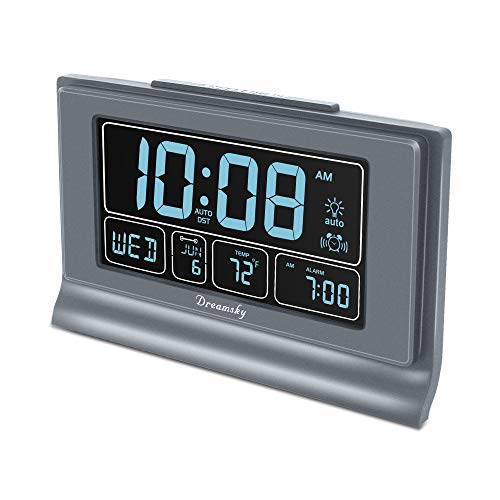 Product Cover DreamSky Auto Set Digital Alarm Clock with USB Charging Port, 6.6 Inches Large Screen with Time/Date/Temperature Display, Full Range Brightness Dimmer, Auto DST Setting, Snooze. (Gray)