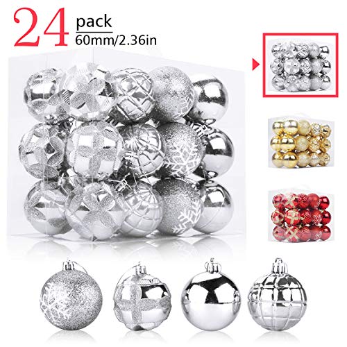Product Cover Aitsite 24 Pack Christmas Tree Ornaments Set 2.36 inches Mini Shatterproof Holiday Ornaments Balls for Christmas Decorations (Personalized Silver)