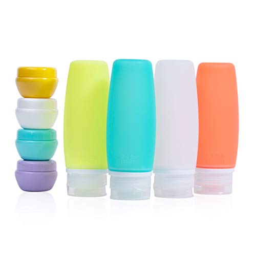Product Cover Travel Bottles Set, TSA Approved Travel Accessories Leak Proof Silicone Refillable Squeezable Travel Containers, 3.4 oz Toiletries Bag with Labels for Shampoo and Conditioner (8 Pack)