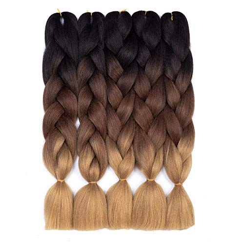 Product Cover Ombre Kanekalon Braiding Hair 5 Pack Ombre Jumbo Braiding Hair Extensions 24 Inch Jumbo Braid Synthetic Hair for Braiding (Black-Dark Brown-Light Brown)