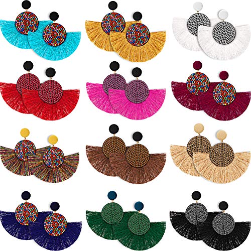 Product Cover 12 Pairs Statement Tassel Earrings Fringe Dangle Earrings Handmade Bohemian Statement Earrings for Women Girls Daily Party