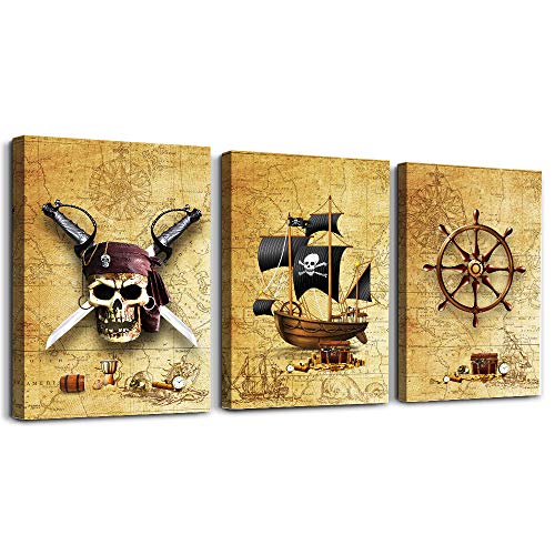 Product Cover Pirate Ship and rudders Canvas Wall Art for Living Room Bedroom Decoration Wall Painting,Bathroom Wall Decor Home Decoration Kitchen Posters Artwork，Adventure map Decoration 16x12 inch/ 3 Piece Set
