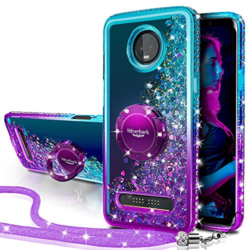 Product Cover Silverback Moto Z3 Case,Moto Z3 Play Case, Moving Liquid Holographic Sparkle Glitter Case with Kickstand, Bling Diamond Rhinestone Bumper with Ring Stand Slim Protective Motorola Z Play (3D Gen) -PR