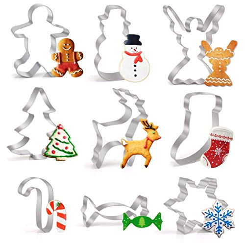 Product Cover LEEFE Christmas Cookie Cutter Set, 9 Piece Stainless Steel Snowflake, Christmas Tree, Reindeer, Gingerbread Boy, Snowman, Angel, Candy Canes, Socks, Candy for Kids