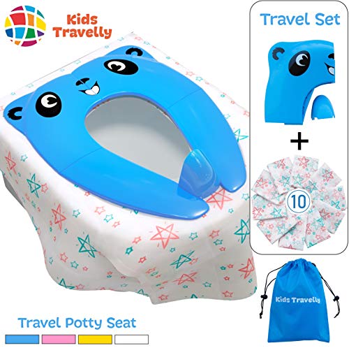 Product Cover Travel Potty Seat For Toddler - Travel Set of Folding Potty Training Seat & 10 Toilet Seat Covers Disposable - Portable, Hygienic, Great For Outings. Makes Potty Training Easy. By KidsTravelly