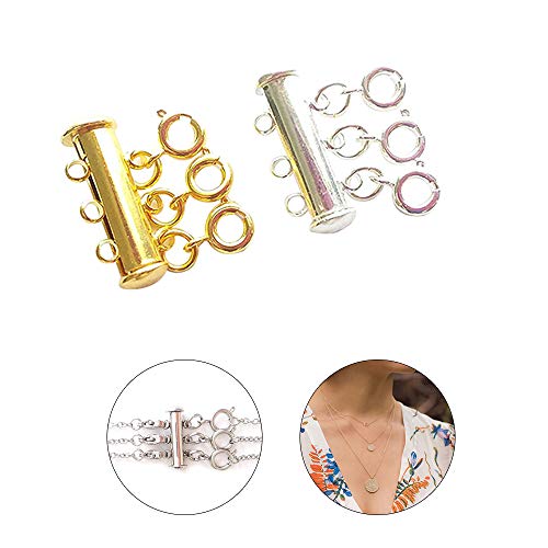 Product Cover Layered Necklace Spacer Clasp, 3 Strands Necklaces Slide Magnetic Tube Lock with Lobster Clasps, Jewelry Clasps Connectors for Layered, Bracelet, Jewelry, Crafts, Necklace, 2 Pack Gold and Sliver