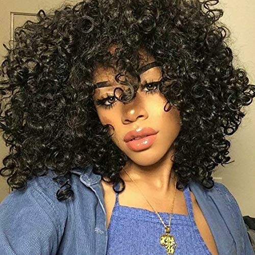 Product Cover Goodly Short Afro Wigs For Black Women Black Afro Curly Wigs with Bangs Synthetic Kinky Curly Hair Wig Heat Resistant Full Wigs (Black)