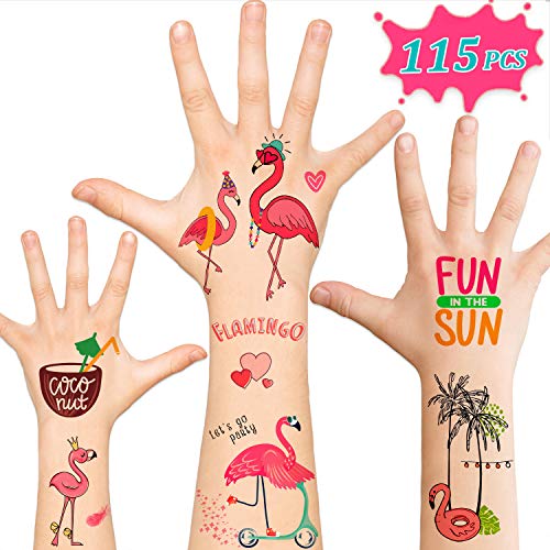 Product Cover 115pcs Flamingo Temporary Tattoos for Kids, Flamingo Party Supplies Favors Decorations Accessories, Hawaiian Tropical Summer Tattoos Sticker for Boys Girls Women Men