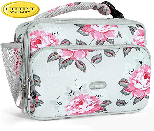 Product Cover Amersun Kids Lunch Bag,Durable Insulated School Lunch Bag with Padded Liner Keeps Food Warm Cold Longer Time,Small Thermal Travel Office Lunch Cooler for Teen Girls-2 Pockets,Peony Gray