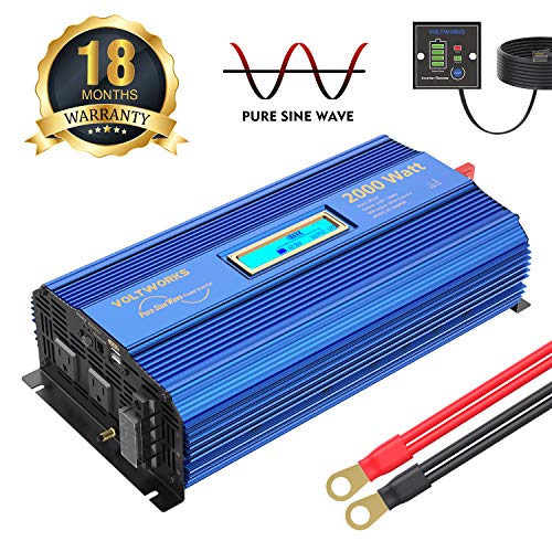 Product Cover 2000Watt Pure Sine Wave Power Inverter 12V DC to 120V AC with 4 AC Outlets Dual 2.4A USB Ports Remote Control & LCD Display by VOLTWORKS