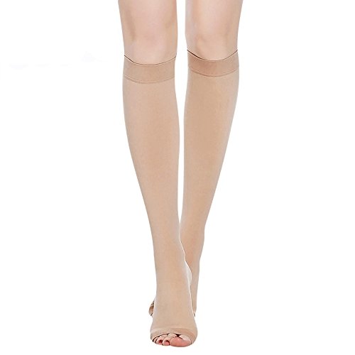 Product Cover Knee High Compression Socks for Men & Women. Edema, Varicose Veins, Travel, Pregnancy, Medical Nursing (20-30mmHg) Best Compression Stockings.(Nude-Open-L)