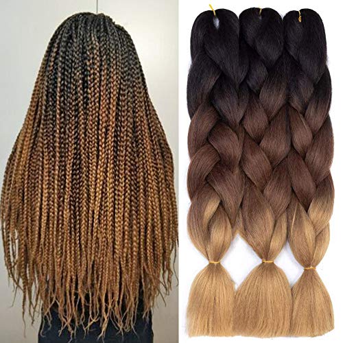 Product Cover Ombre Kanekalon Braiding Hair 3 Pack Ombre Jumbo Braiding Hair Extensions 24 Inch Jumbo Braid Synthetic Hair for Braiding (Black-Dark Brown-Light Brown)