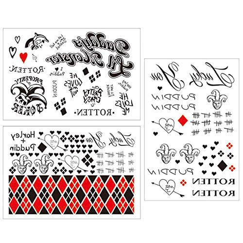 Product Cover 3 Sheets HQ Temporary Tattoos from Suicide Squad,HQ Tattoo Sticker Perfect for Halloween,Cosplay, Costumes and Party Accessories
