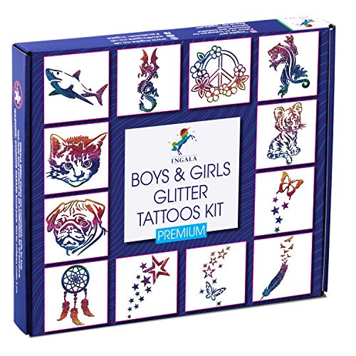 Product Cover INGALA PREMIUM Glitter Tattoo Kit for Boys and Girls | Unique Professional Glitter Tattoos for Kids and Adults | 74 Amazing Glitter Tattoo Stencils | 2 XL (0.5fl oz) Glitter Tattoo Glue. By Ingala