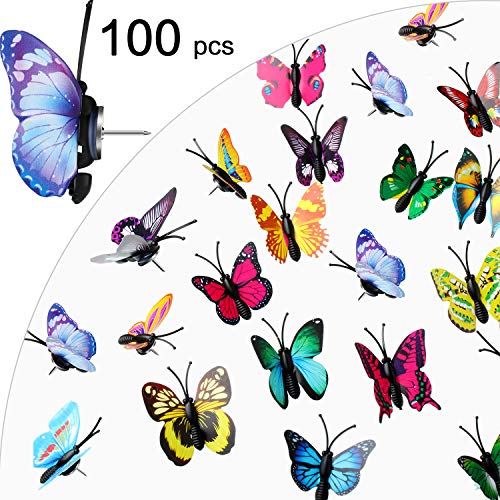 Product Cover 100 Pieces Butterfly Push Pins Photo Map Pins Thumb Tacks for Photos Wall, Bulletin Board, Cork Boards (Random Pattern)