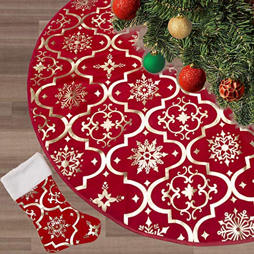 Product Cover FLASH WORLD Christmas Tree Skirt,48 inches Large Xmas Tree Skirts with Snowy Pattern for Christmas Tree Decorations (Red)