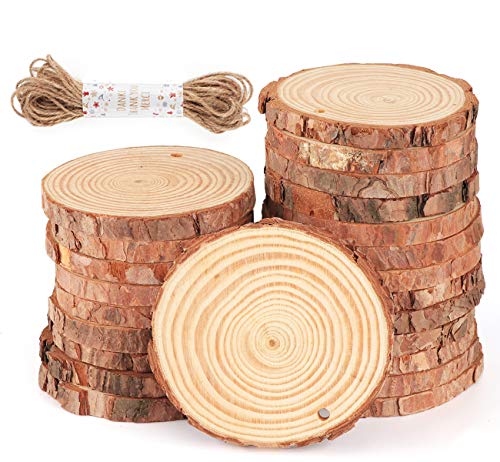 Product Cover Wood Slices Ornaments 30Pcs 3.1''-3.5'' Unfinished Wood Rounds with Pre-drilled Hole for Christmas Rustic Crafts Wedding Decoration, 33 Feet Jute Twine