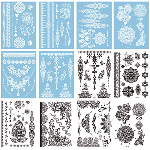 Product Cover 12 Sheets Henna Temporary Tattoos Stickers Fake Body Tattoos, 100+ Temp Tattoos Henna Tattoo Designs for Women Girls, Stick on Fake Tattoos, White & Black