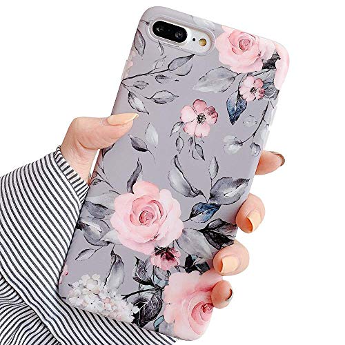 Product Cover YeLoveHaw iPhone 8 Plus / 7 Plus Case for Girls, Flexible Soft Slim Fit Full-Around Protective Cute Phone Case Cover with Purple Floral and Gray Leaves Pattern for iPhone 7Plus / 8Plus (Pink Flowers)