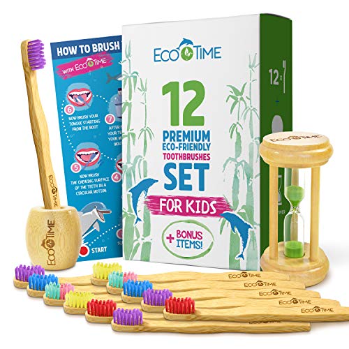 Product Cover EcoTime Organic Bamboo Toothbrush Premium Set for KIDS - 12-Pack with Colorful Bristles Toothbrush Holder HOURGLASS BONUS and Infographic - Biodegradable Handle - BPA Free Soft Bristles - Eco-Friendly