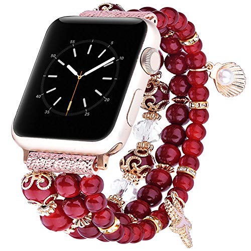 Product Cover TOROTOP Bracelet Compatible for Apple Watch Band 44mm/42mm Women Girl, Handmade Fashion Elastic Beaded with Rose Gold Stainless Steel Adapters Strap Compatible for iWatch Series 4/3/2/1 42mm 44mm